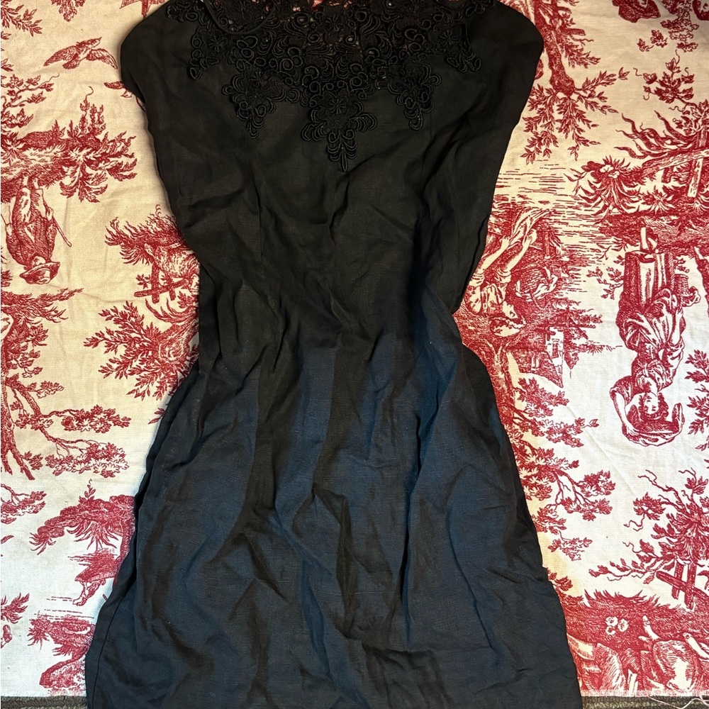 Ann Ferriday black linen spaghetti strap dress with lace detail
